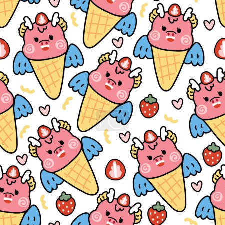 Illustration for Seamless pattern of cute dragon ice cream strawberry with heart on white background.Chinese animal character cartoon design.Zodiac.Sweet and dessert.Kawaii.Vector.Illustration. - Royalty Free Image