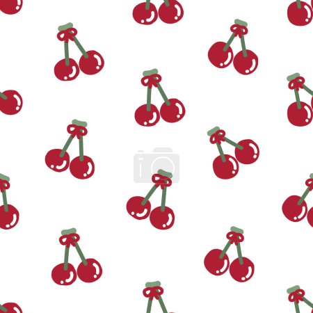 Illustration for Seamless pattern of cute cherry cartoon with tiny bow on white background.Fruit hand drawn.Image for card,poster,baby clothing.Kawaii.Vector.Illustration.Illustrator. - Royalty Free Image