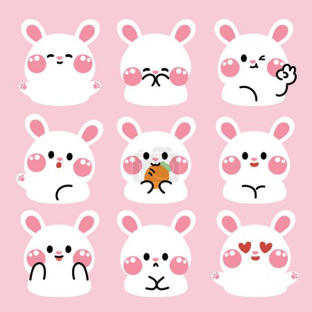 Illustration for Set of cute rabbit in various poses feeling on pink background.Rodent animal character cartoon design.Bunny hand drawn collection.Kawaii.Vector.Illustration. - Royalty Free Image