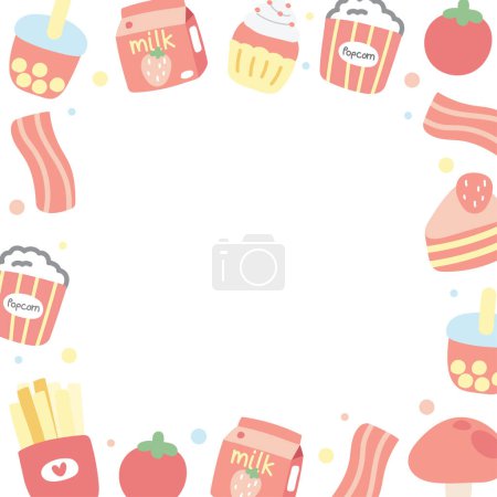 Illustration for Cute tiny icon food frame pastel.Stationary DIY design.Memo paper.Bubble milk tea,milk,popcorn,tomato,bacon,strawberry cake,mushroom,fresh fried hand drawn.Sweet and dessert.Kawaii.Vector.Illustration - Royalty Free Image