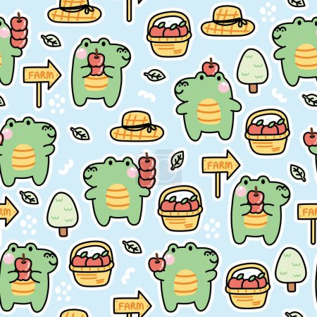 Seamless pattern of cute crocodile with apple in various poses background.Reptile animal character cartoon design.Kid graphic.Fruit,tree,leaf,farm hand drawn.Kawaii.Vector.Illustration