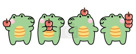 Illustration for Set of cute crocodile with apple in various poses on white background.Reptile animal character cartoon design collection.Kid graphic.Fruit.Kawaii.Vector.Illustration - Royalty Free Image
