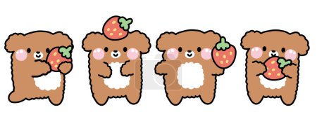 Illustration for Set of cute smile dog with strawberry in various poses on white background.Pet animal character cartoon design collection.Kid graphic.Fruit.Kawaii.Vector.Illustration - Royalty Free Image