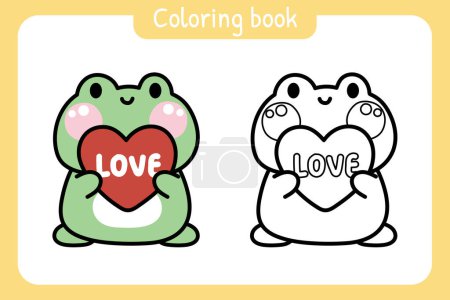 Illustration for Coloring book.Painting book for kid.Cute frog with heart love word.Reptile animal character cartoon design.Valentines day.School student.Art.Kawaii.Vector.Illustration. - Royalty Free Image