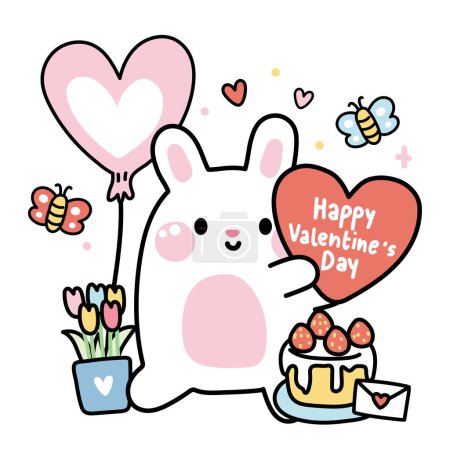 Illustration for Valentines day.Cute rabbit hold heart with flower cake and balloon on white background.Rodent animal.Cartoon character design.Love.Kawaii.Vector.Illustration. - Royalty Free Image