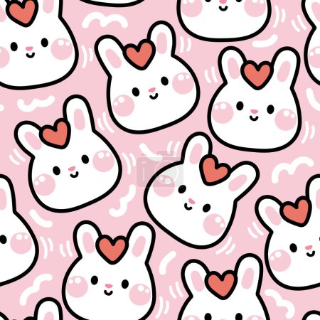 Illustration for Valentines day.Seamless pattern of cute rabbit face with heart on head pink background.Rodent animal charatcer cartoon design.Baby clothing print screen.Kawaii.Vector.Illustration. - Royalty Free Image