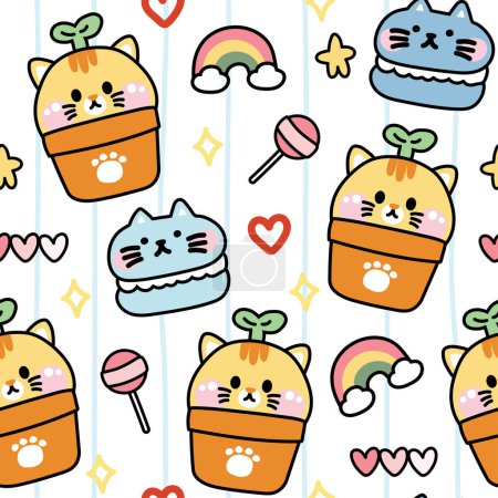 Illustration for Seamless pattern of cute cat in pot with various tiny icon on white background.Pet animal character cartoon.Macaron,candy,rainbow,star,heart hand rawn.Meow lover.Kawaii.Vector.Illustration. - Royalty Free Image