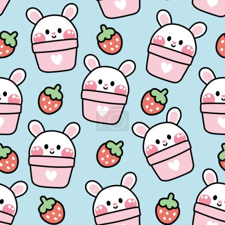 Illustration for Seamless pattern of cute rabbit in pot with strawberry  on blue background.Rodent animal character cartoon design.Bunny.Fruit.Kawaii.Vector.Illustration. - Royalty Free Image