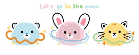 Illustration for Set of cute animals line hand drawn style.Pastel.Animal character cartoon design collection.Planet.Galaxy.Teddy bear,rabbit,cat.Kawaii.Vector.Illustration. - Royalty Free Image