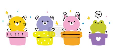 Illustration for Set of cute animals line hand drawn in pot on white background.Frog.Rabbit.Bear.Cat.Wild,pet,rodent,reptile animal character cartoon design.Kawaii.Vector.Illustration. - Royalty Free Image