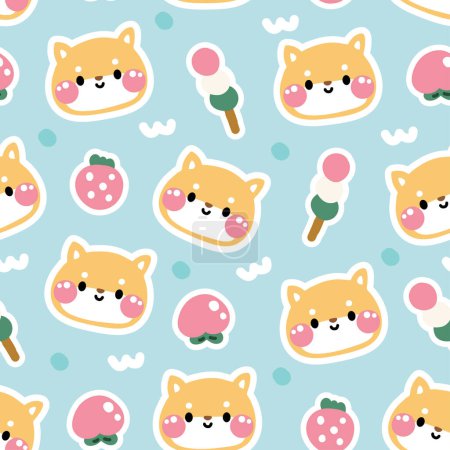 Illustration for Seamless pattern of cute face shiba inu dog with sweet and fruit background.Pet animal character cartoon design.Japanese fruit and dessert.Image for card,poster,sticker,baby clothin.Japan.Kawaii. - Royalty Free Image