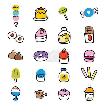 Illustration for Set of cute icon cartoon in line hand drawn style on white background.Bakery concept.Sweet and dessert.Bread.Macaron.Bubble milk tead.Kawaii.Vector.Illustration. - Royalty Free Image