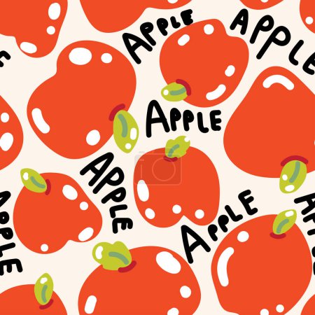 Illustration for Seamless pattern of cute big apple with text on background.Fruit hand drawn cartoon.Image for card,poster,clothing print screen.Kawaii.Vector.Illustration. - Royalty Free Image
