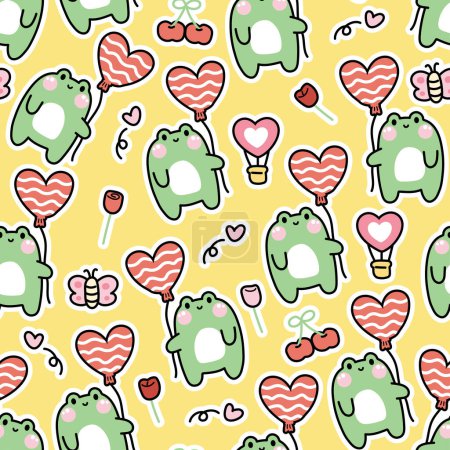 Illustration for Seamless pattern of cute frog hold balloon with various tiny icon background.Reptile animal character cartoon design.Rose,balloon,heart,cherry,butterfly.Valentines.Kawaii.Vector.Illustration. - Royalty Free Image