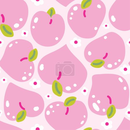 Illustration for Seamless pattern of cute big peach with flower background.Fruits.Japanese.Pink.Cartoon hand drawn.Image for card,poster,baby clothing.Kawaii.Vector.illustration. - Royalty Free Image