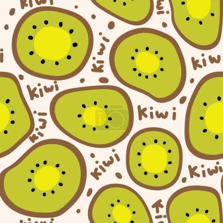 Téléchargez les illustrations : Modèle sans couture de mignon grand kiwi avec fond de texte.Fruits.Cartoon dessin à la main.Image pour carte, affiche, vêtements pour bébés.. - en licence libre de droit