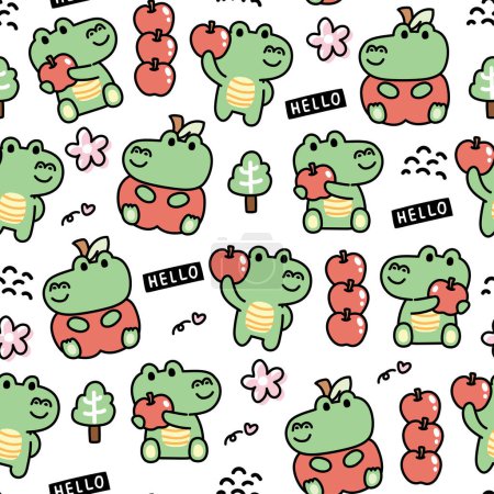 Seamless pattern of cute crocodile with tiny icon on white background.Hello text,flower,apple,heart,tree hand drawn.Reptile animal character cartoon design.Kawaii.Vector.Illustration.