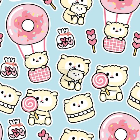 Illustration for Seamless pattern of cute sheep in various poses background.Heart cookies,candy,macaron,balloon,donut hand drawn.Farm animal character cartoon design.Baby clothing.Kawaii.Vector.Illustration. - Royalty Free Image