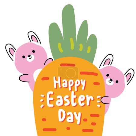 Illustration for Cute rabbit greeting with big carrot on white background.Happy easter day.Rodent animal character cartoon design.Spring.Kawaii.vector.Illustration. - Royalty Free Image