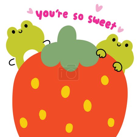 Illustration for Cute happy frog with starwberry on white background.Line hand drawn style.Reptile animal character cartoon.You are so sweet.Fruit.Kawaii.Vector.Illustration. - Royalty Free Image