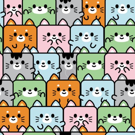Illustration for Repeat.Seamless pattern of cute colorful cat in square shape background.Pet animal character cartoon design.Meow lover.Print screen.Kawaii.Vector.Illustration. - Royalty Free Image