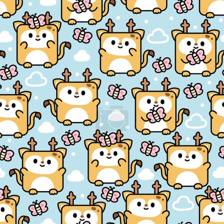 Téléchargez les illustrations : Seamless pattern of cute deer in square shape with butterfly and cloud on sky background.Nature.Wild animal character cartoon design.Clothing print screen.Baby graphic.Kawaii.Vector - en licence libre de droit