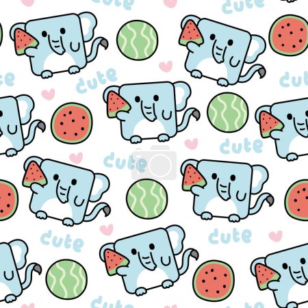 Illustration for Seamless pattern of cute elephant in square shape with watermelon on white background.Fruit.Heart.Wild animal character cartoon design.Clothing print screen.Baby graphic.Kawaii.Vector - Royalty Free Image
