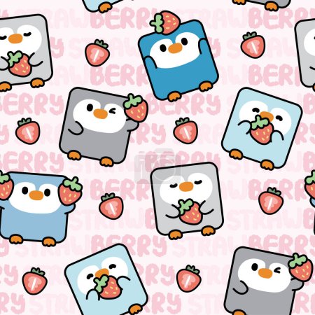 Illustration for Seamless pattern of cute penguin in square shape with strawberry on pastel background.Bird  animal character cartoon design.Fruit.Clothing.Print screen.Baby graphic.Kawaii.Vector. - Royalty Free Image