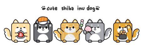 Ilustración de Conjunto de shiba inu perro en forma cuadrada con comida en varios poses.Japanese mascota animal carácter design.Posert y dulce de japón.Kawaii.Vector.Illustration. - Imagen libre de derechos