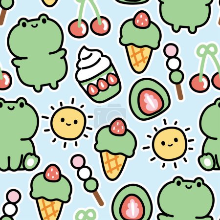 Illustration for Seamless pattern of cute frog with sweet and dessert background.Reptile animal character cartoon design.Japanese dessert,sun,ice cream,cherry,strawberry hand drawn.Kawaii.Vector.Illustration. - Royalty Free Image