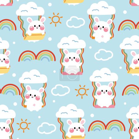 Illustration for Seamless pattern of cute rabbit sit on swing with cloud and sun on sky background.Rodent animal character cartoon design.Eater.Bunny hand drawn.Clothing print screen.Kawaii.Vector.Illlustration. - Royalty Free Image