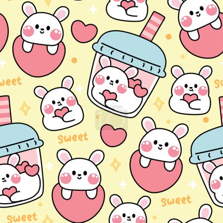 Photo for Seamless pattern of cute rabbit with heart and bubble milk tea background.Rodent animal character cartoon design.Bunny hand drawn.Kawaii.Vector.Illustration. - Royalty Free Image