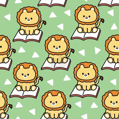 Illustration for Seamless pattern of cute lion sit on book background.Back to school concept.Wild animal charcter cartoon design.Student.Kid garphic.Kawaii.Vector.Illustration. - Royalty Free Image