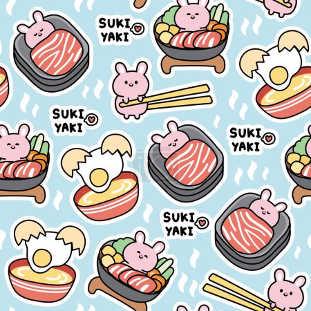 Téléchargez les illustrations : Modèle sans couture de lapin mignon dans la nourriture japonaise concept.Sukiyaki est hot pot japonais food.Bunny dessin animé à la main.Rongeur animal.Vêtements pour bébés.. - en licence libre de droit
