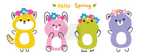 Illustration for Set of cute animal in spring concept.Animals wear flower crown collection.Shiba inu dog,rabbit,frog,teddy bear hand drawn.Floral.Blooming.Kawaii.Vector.Illustration. - Royalty Free Image