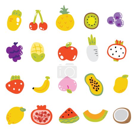 Ilustración de Conjunto de dibujos animados lindo icono de frutas y verduras sobre fondo blanco.Colección dibujada a mano.Farm.Food.Kawaii.Vector.Illustration. - Imagen libre de derechos