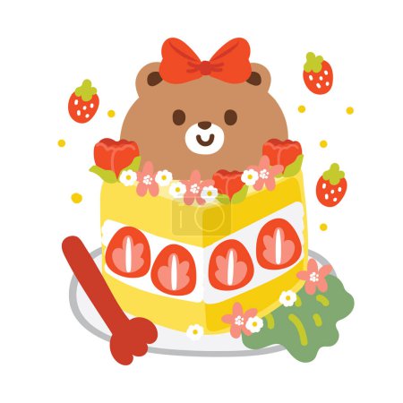 Illustration for Cute strawberry cheese cake have teddy bear face and flower on cake.Sweet and dessert.Fruit.Wild animal character cartoon design.Baby graphic.Image for card,poster,sticker.Kawaii.Vector.Illustration. - Royalty Free Image
