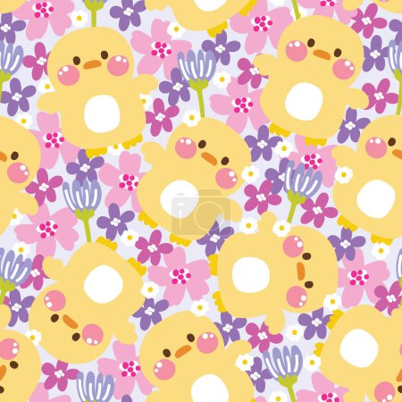 Illustration for Seamless pattern of cute chicken pastel with various flower background.Spring.Blooming.Floral.Farm hen animal character cartoon design.Bird.Kawaii.Vector.Illustration. - Royalty Free Image