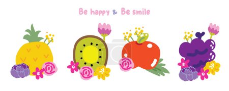 Illustration for Set of cute various fruits with flower cartoon on white background.Fresh.Floral.Spring.Pineapple,kiwi,apple,grape hand drawn.Image for card,poster,sticker.Kawaii.Vector.Illustration. - Royalty Free Image