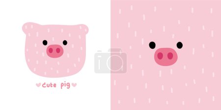 Illustration for Cute smile pig face soft hair hand drawn.Farm head animal character cartoon design.Kid graphic.Image for card,poster,print screen,baby clothing,T-shirt,sticker.Kawaii.Vector.Illustration. - Royalty Free Image