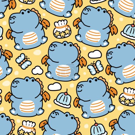 Illustration for Seamless pattern of cute chubby dragon with jelly butterfly cloud and star cookies on background.Chinese animal character cartoon design.Dinosaur.Kawaii.Vector.Illustration. - Royalty Free Image