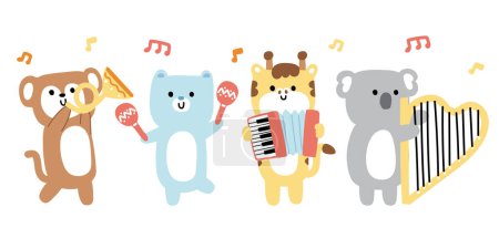 Téléchargez les illustrations : Ensemble de cheveux doux animaux mignons jouant des instruments de musique.Concert.Music.Song.Girafe, koala, ours polaire, dessin à la main de singe.Dessin de personnage de caricature.Kawaii.Vector.Illustration. - en licence libre de droit