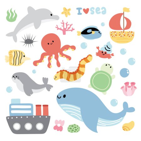 Photo for Set of cute sea animals character cartoon design.Ship and boat.Dolphin,octopus,turtle,sea,fish,shell hand drawn collection.Marine.Under the water.Kawaii.Vector.Illustration. - Royalty Free Image