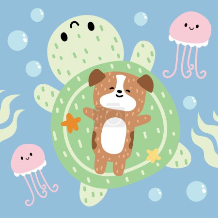Illustration for Cute dog soft hair lay on big turtle with jellyfiish in the sea background.Sea life and pet animal character cartoon design.Marine.Ocean.Summer.Kawaii.Vector.Illustration. - Royalty Free Image