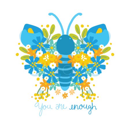 Illustration for Cute butterfly flower wing cartoon hand drawn with text on white background.You are enough slogan.Spring.Nature.Floral.Image for card,poster,stieker,logo.Kawaii.Vector.Illustration. - Royalty Free Image