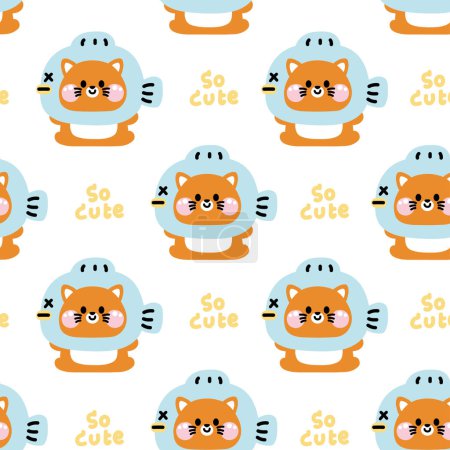 Illustration for Seamless pattern of cute cat wear fish hat mascot with text sit on white background.Pet animal character cartoon design.Meow lover.Baby clothing.Kawaii.Vector.Illustration. - Royalty Free Image