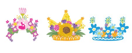 Illustration for Set of cute flower crown cartoon hand drawn.Floral.Spring.Castle kingdom.Isolated.Kawaii.Vector.Illustration. - Royalty Free Image