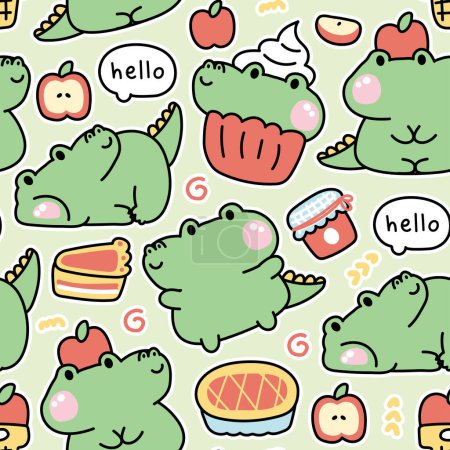 Illustration for Seamless pattern of cute crocodile various poses in apple pie concept.Reptile animal character cartoon design.Fruit,cupcake,apple,ice cream,jam hand drawn.Kid graphic.Kawaii.Vector.Illustration. - Royalty Free Image