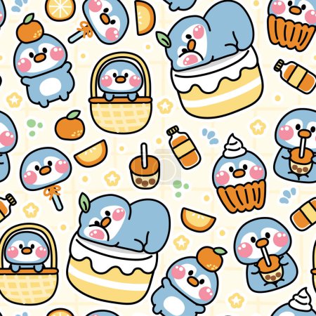 Illustration for Seamless pattern of cute penguin various poses sticker in orange concept.Bird animals character cartoon design.Fruit,cake,bubble milk tea,juice hand drawn.Baby clothing.Kawaii.Vector.Illustration. - Royalty Free Image