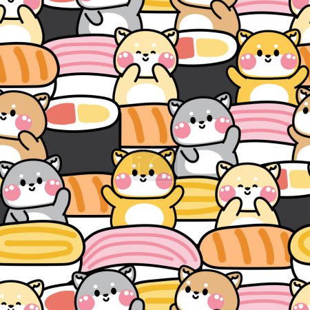 Ilustración de Repeat.Seamless patrón de saludo lindo perro shiba inu con gran sushi background.Japanese mascota animal personaje dibujos animados design.Food.Image para tarjeta, cartel, ropa de bebé.Kawaii.Vector.Illustration. - Imagen libre de derechos